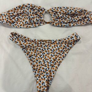 Floral Ring-Front Bandeau Bikini Set - White with Orange & Blue Flowers